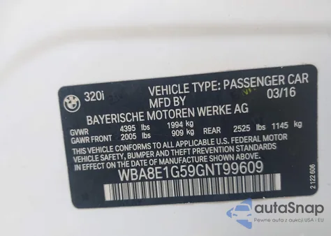 2016 BMW 320I z USA, uszkodzony, nr VIN WBA8E1G59GNT99609